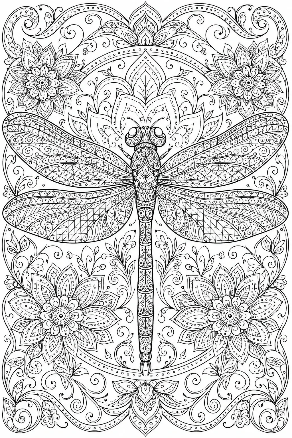 An ornate dragonfly coloring page with symmetrical floral and mandala patterns in black-and-white line art.