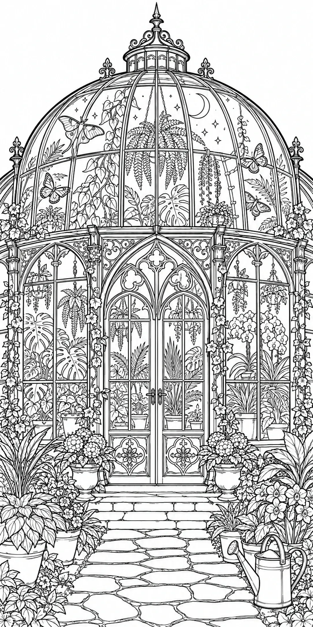 This detailed coloring page shows an ornate glass greenhouse filled with potted plants, flowers, climbing vines, butterflies, and a crescent moon.