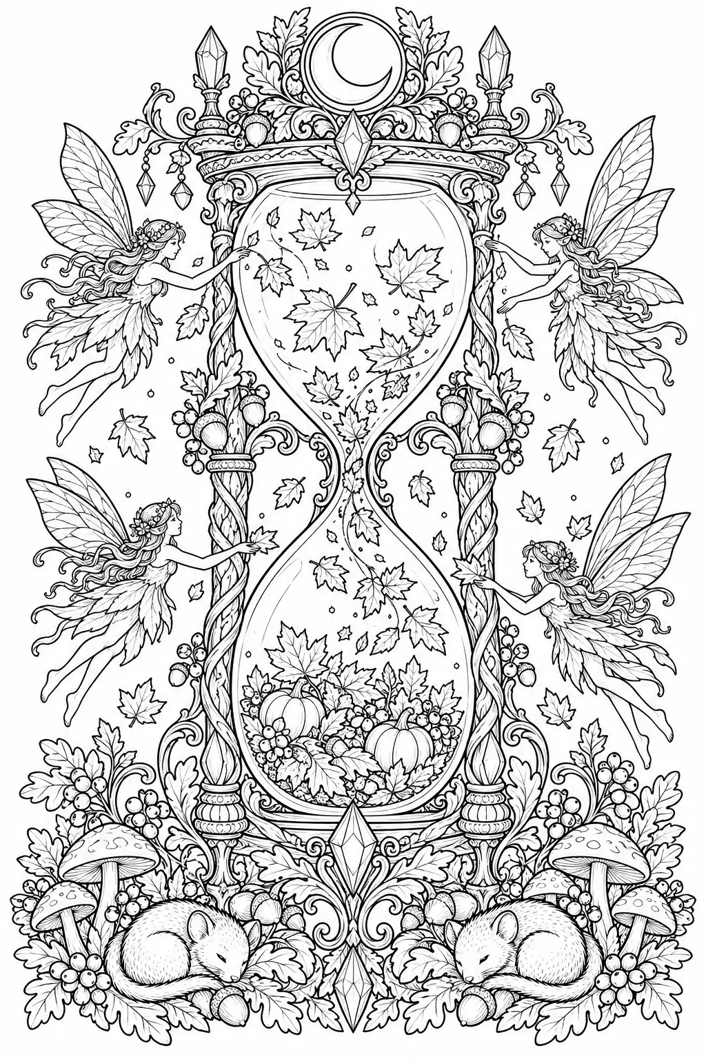 An ornate hourglass coloring page with falling leaves, fairies, sleeping mice, and mushrooms in black-and-white line art.