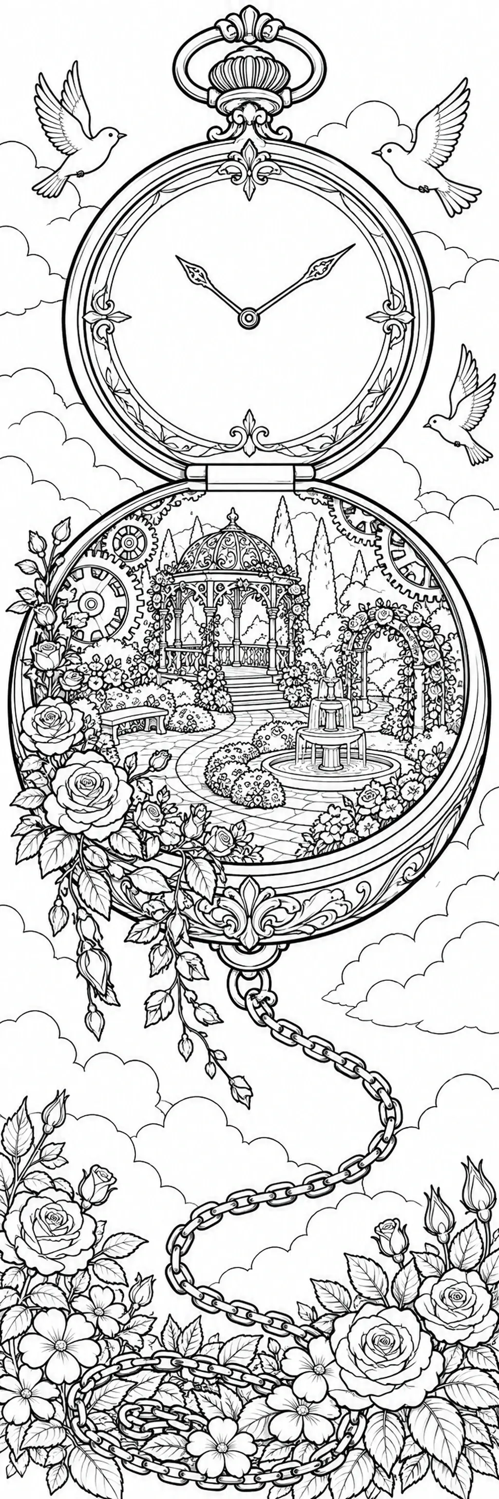 An ornate pocket watch frames a detailed garden with a gazebo, fountain, flowers, and flying birds in this coloring page.