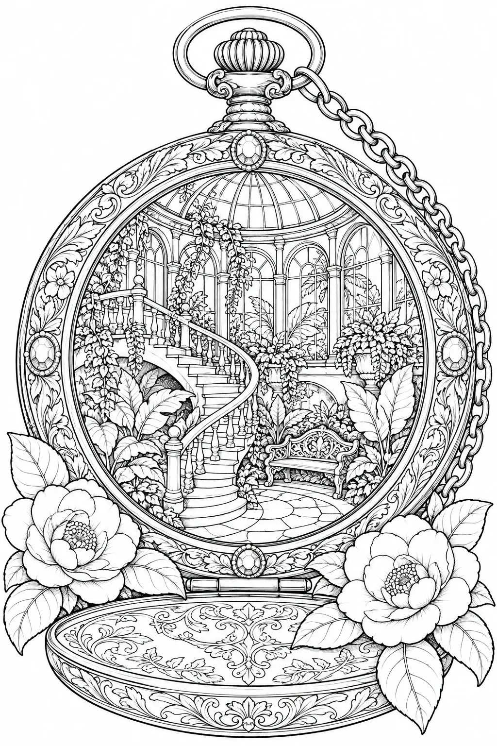 An ornate pocket watch frames a glass conservatory with a winding staircase, leafy plants, flowers, and a bench in this detailed coloring page.