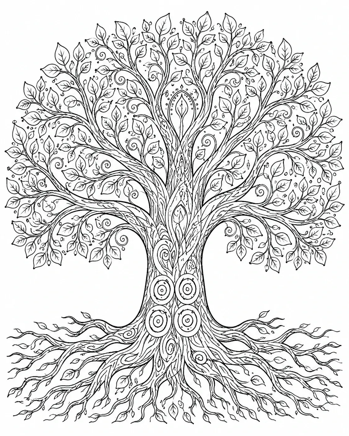 An ornate tree of life coloring page with many leaves, swirling branches, spiral details, and exposed roots.