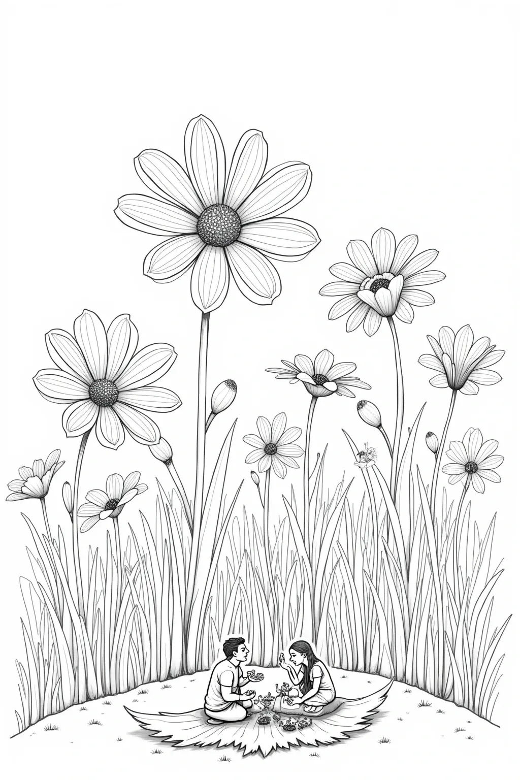 Black and white coloring page of two people picnicking in a meadow with tall daisy flowers and grass.