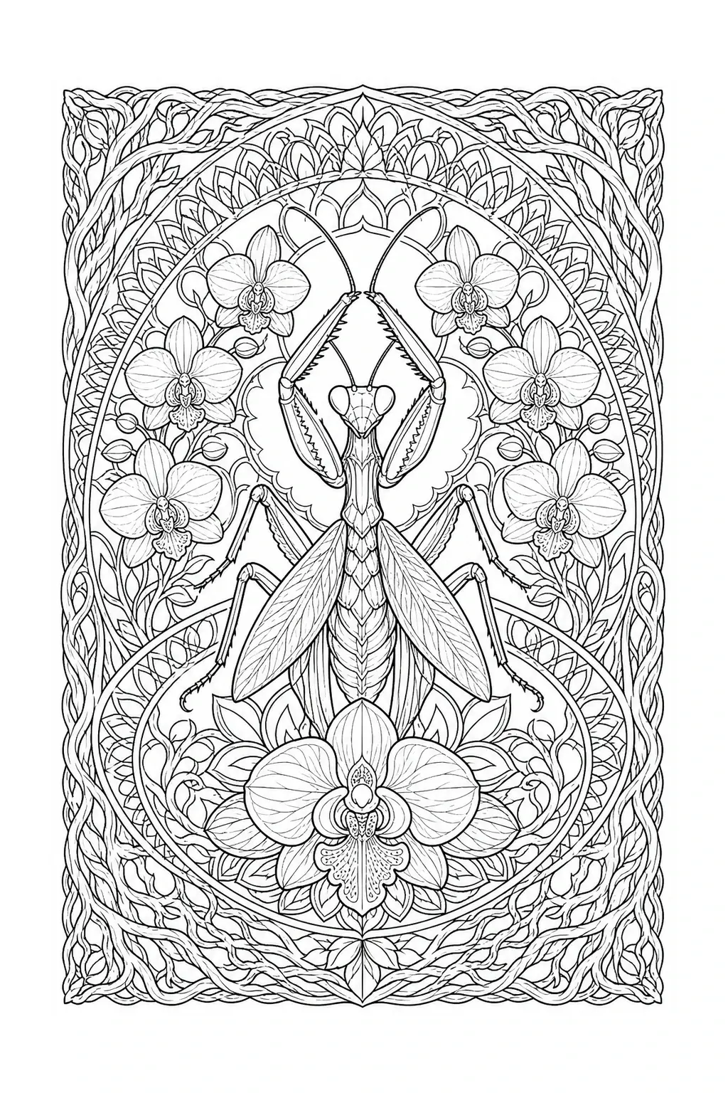Intricate coloring page of a praying mantis surrounded by orchids and an ornate mandala-style floral frame.