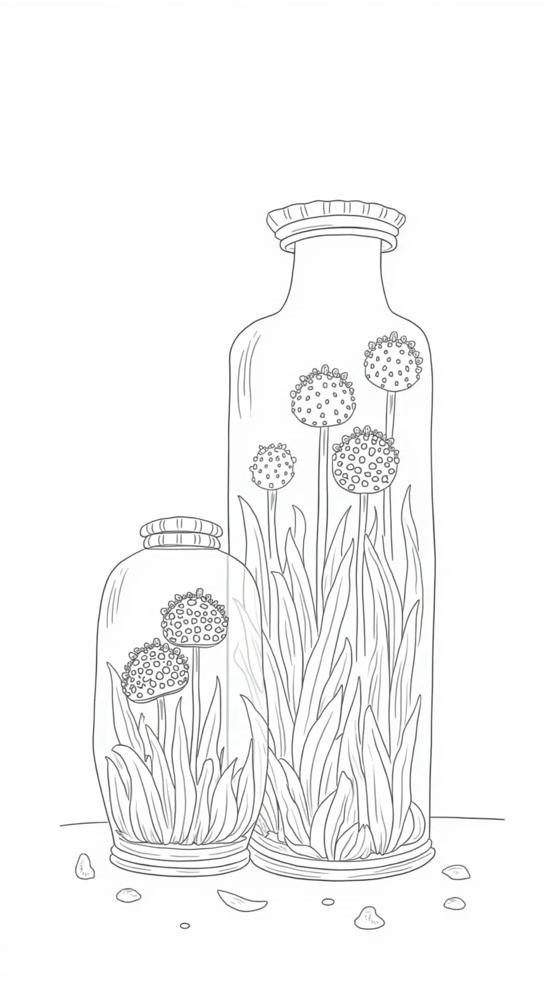 Black and white coloring page of two glass bottles filled with pressed flowers and tall grass, drawn in clean black-and-white line art for coloring