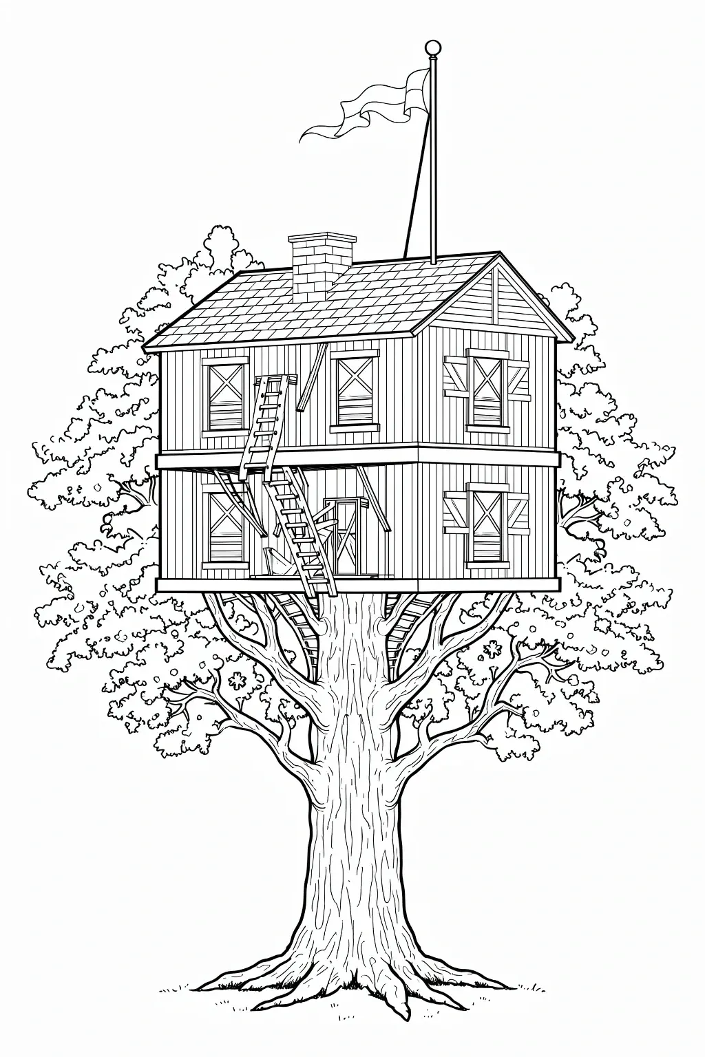 Black and white printable coloring page of a large treehouse built around a tree, with windows, ladders, a flag, and detailed branches and leaves, suitable for kids' coloring page and a printable