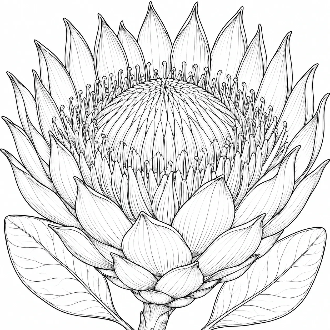A detailed protea flower coloring page shows a large rounded center, layers of pointed petals, and two broad veined leaves.