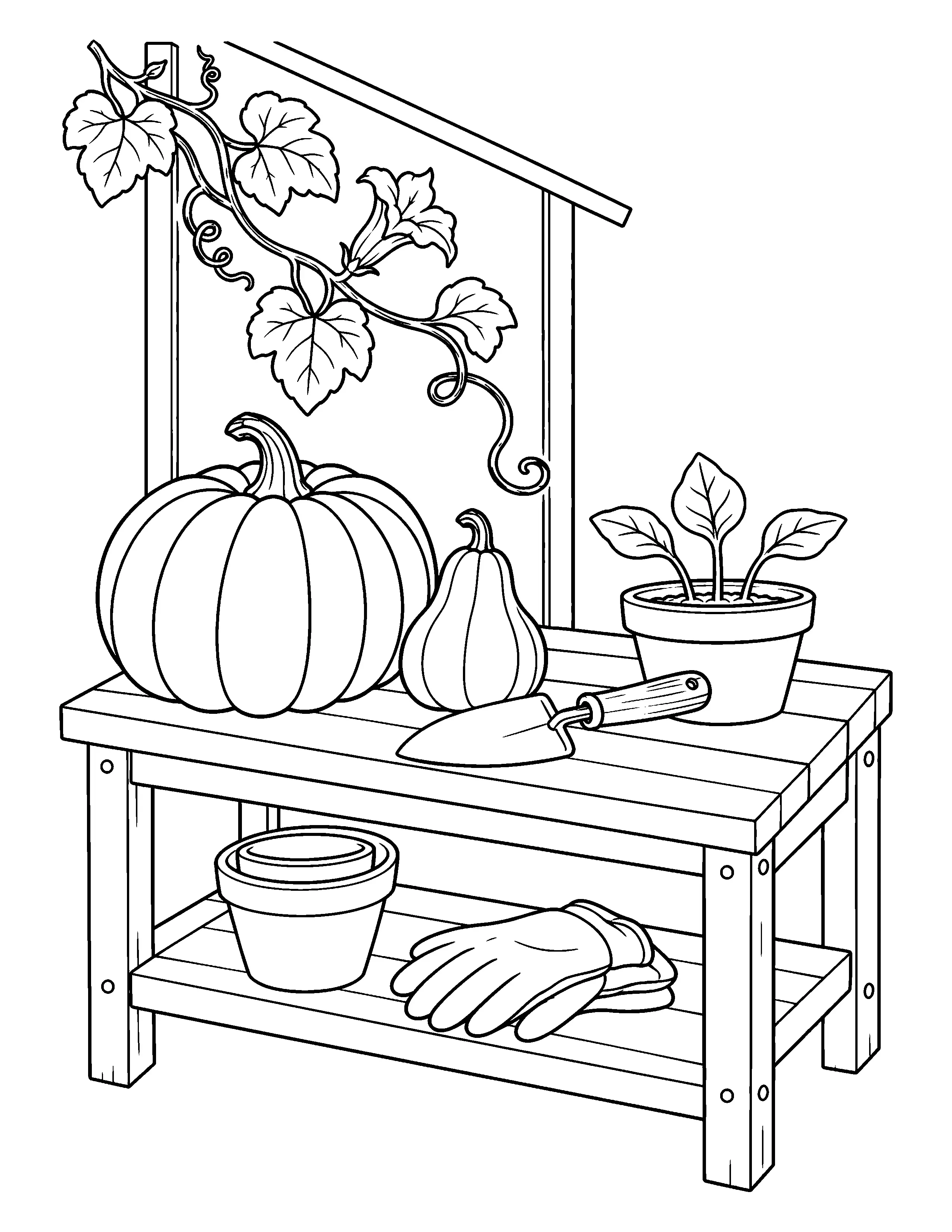 A coloring page shows pumpkins, a potted seedling, gardening gloves, and a trowel arranged on a wooden potting bench beneath a leafy vine.