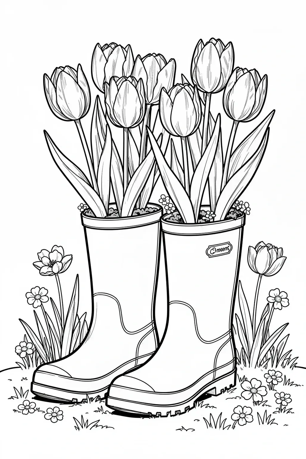 Rain boots tulip planters coloring page.