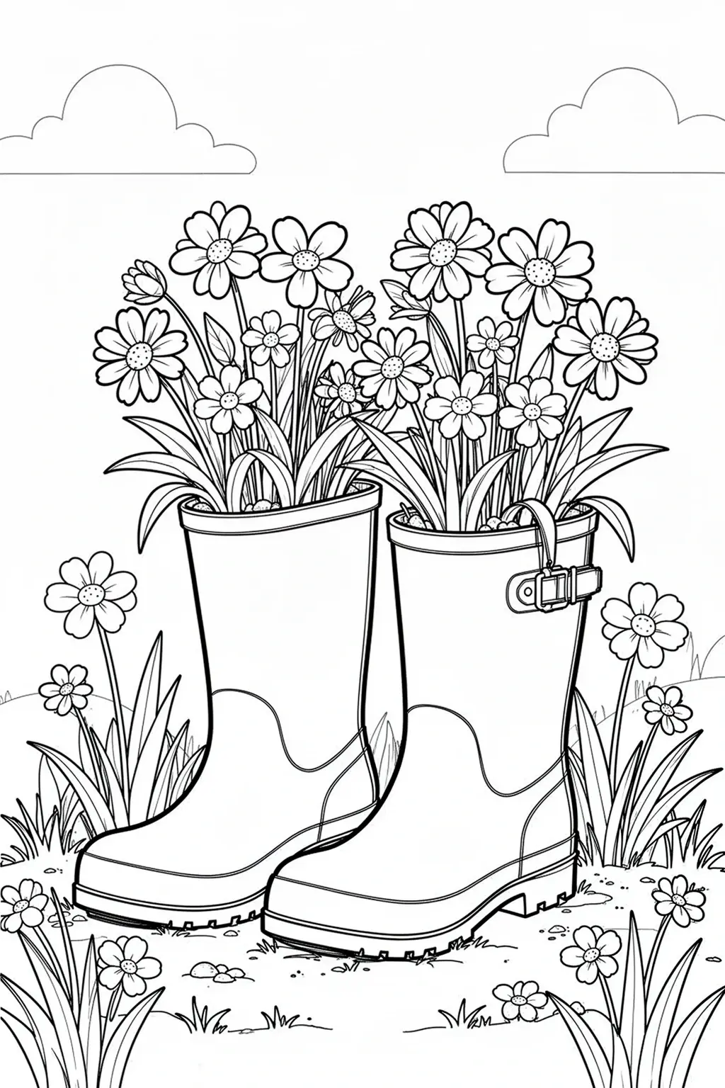 Free printable rain boots wildflower planters coloring page with spring blooms and garden texture.