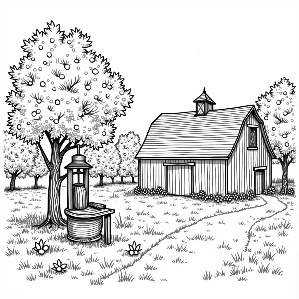 Black-and-white line art of a rustic barn, trees, a winding path, and an old water well in a meadow ideal for kids' coloring page and adults who enjoy detailed coloring page. printable coloring page