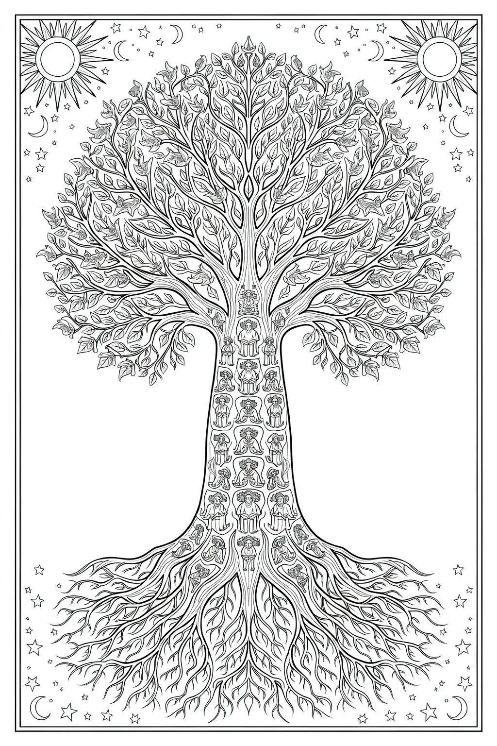 Intricate coloring page of a large sacred tree with a sun and moon, stars, and small decorative figures in the trunk and roots.