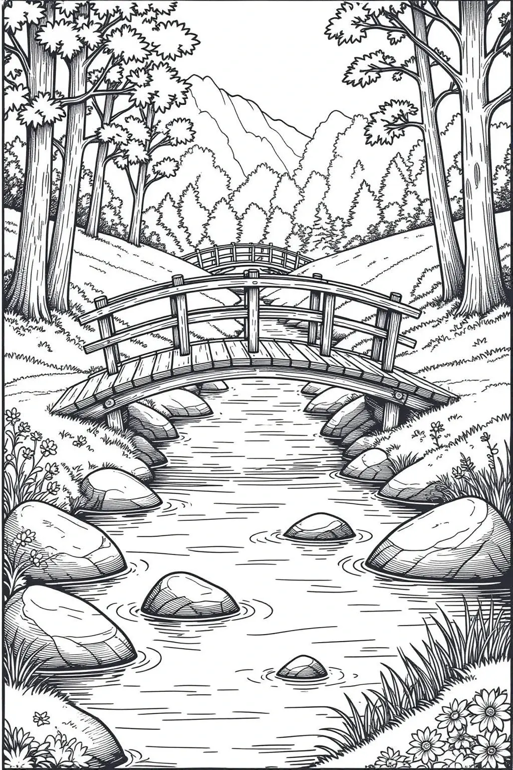 Detailed black and white coloring page of a serene forest landscape with a wooden bridge over a stream, rocks, trees, and mountains in the background.
