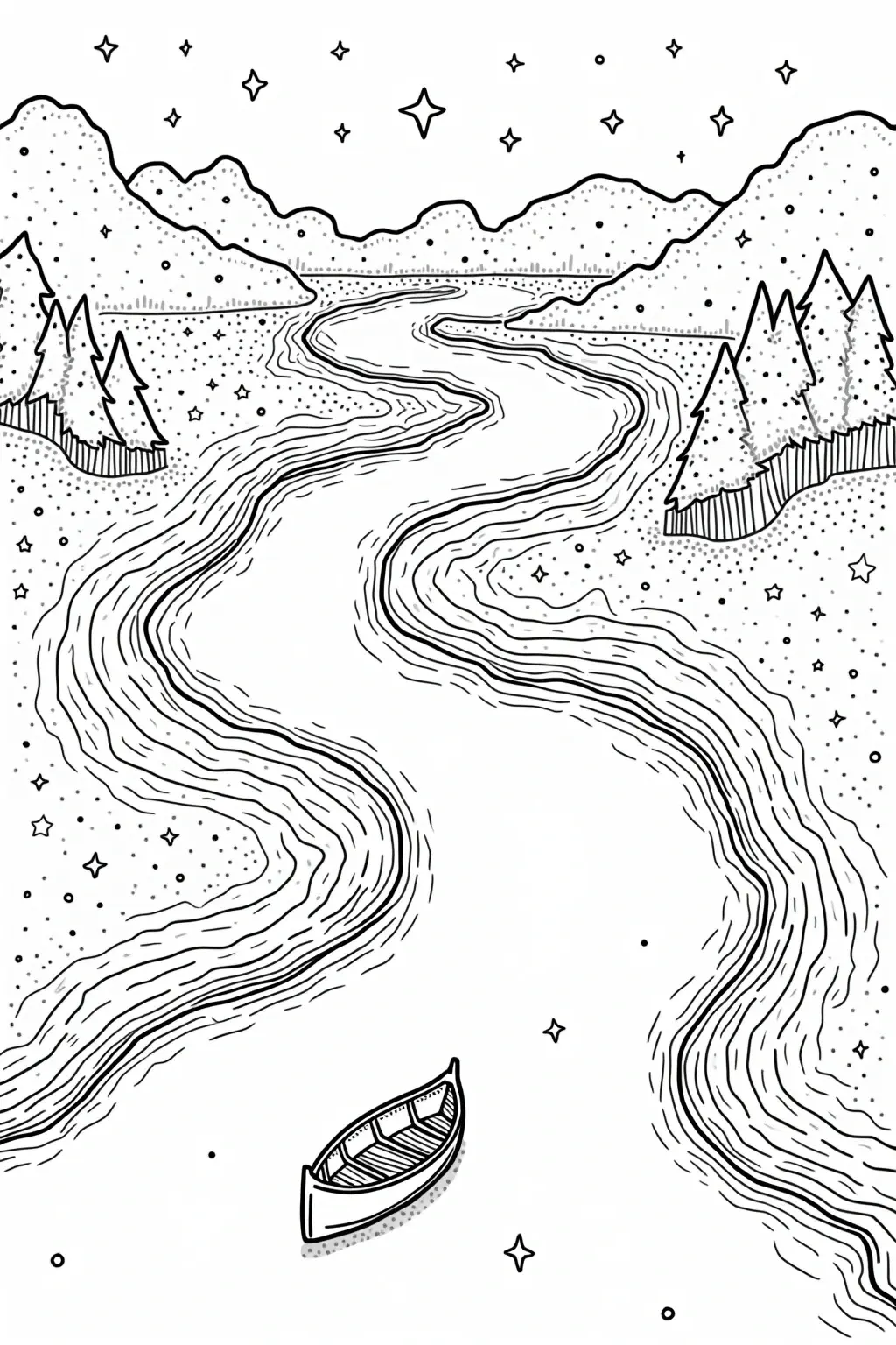 A coloring page of a winding river through mountains and trees with a small boat on the water and stars in the sky.