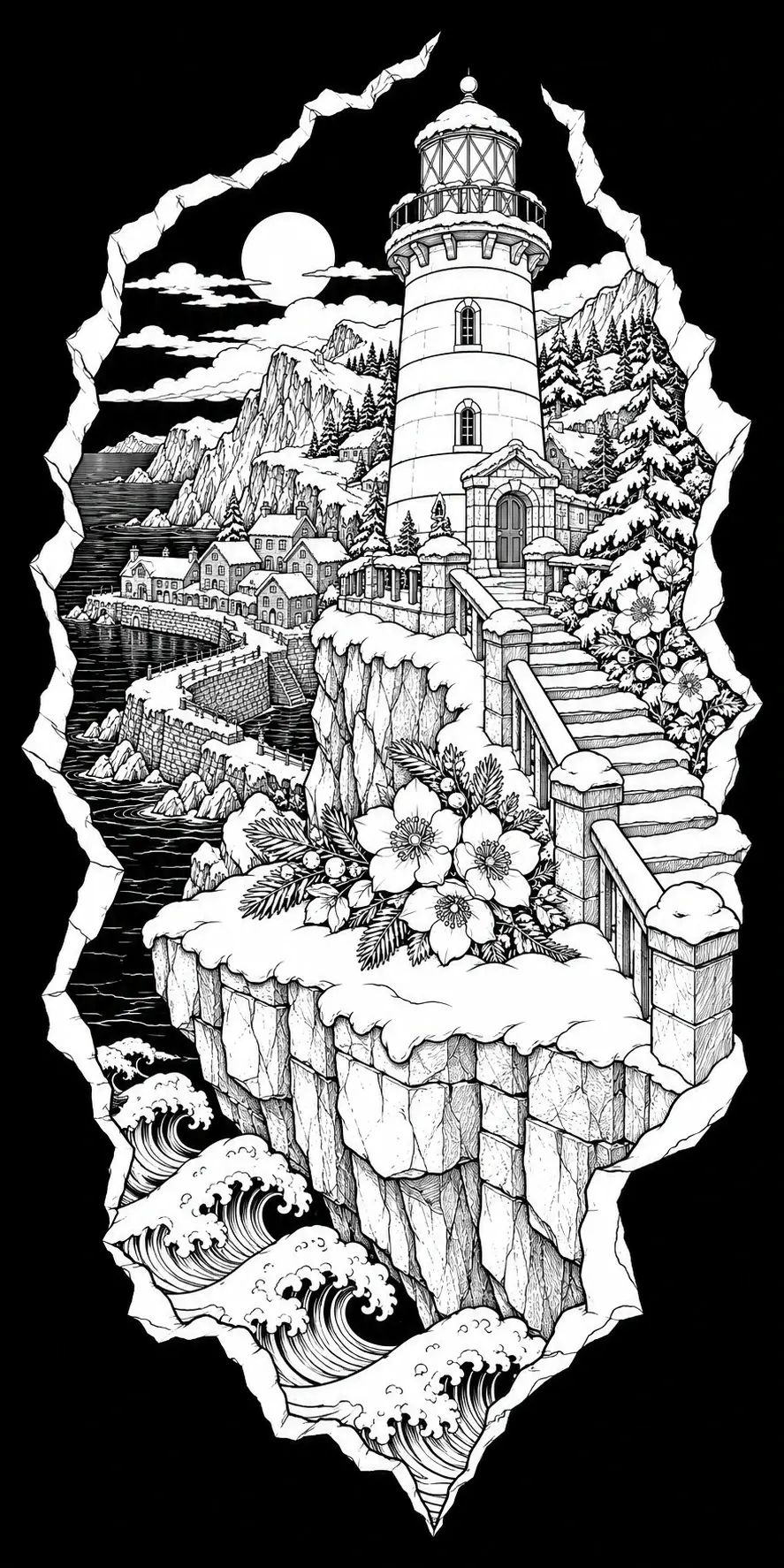 A black-and-white coloring page showing a lighthouse on a snowy cliff above ocean waves, mountains, and a coastal village.