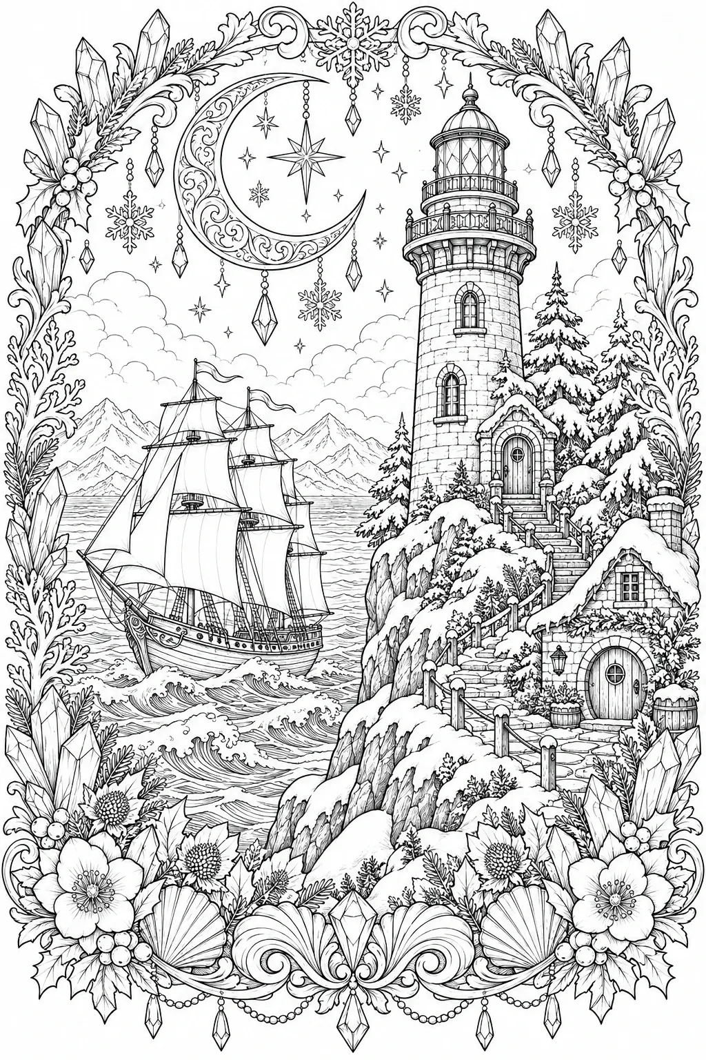 A black-and-white coloring page shows a lighthouse on a snowy coast with a sailing ship, waves, and a decorative winter border.