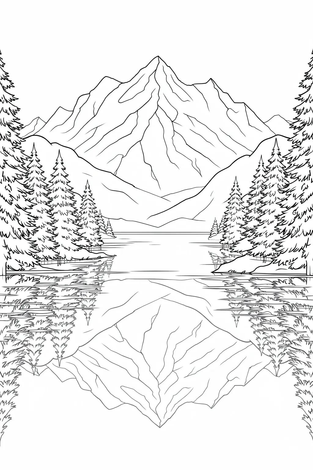 Black and white coloring page of a snowy mountain lake with pine trees and mirrored reflections in the water