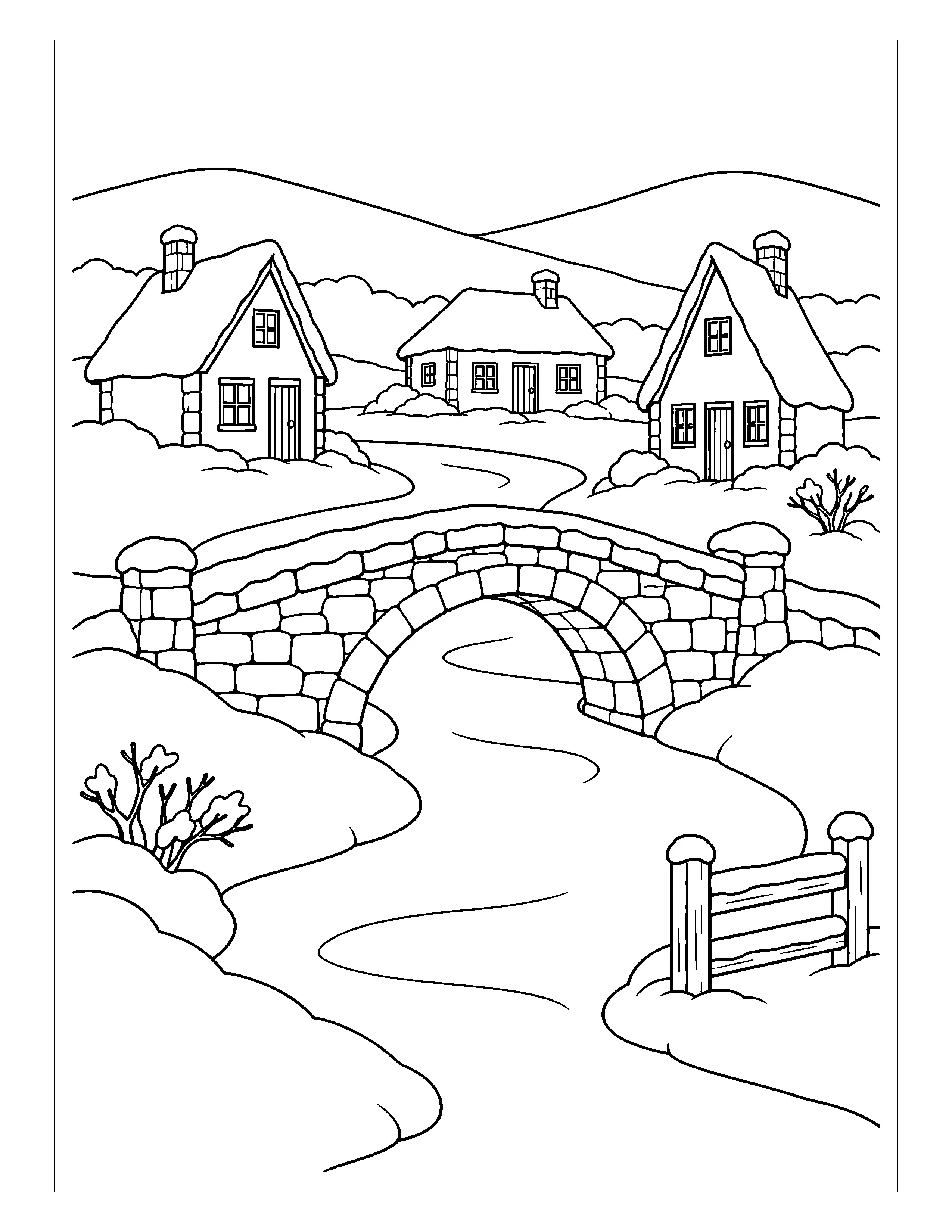 A winter village coloring page shows three snowy cottages, a stone bridge over a winding stream or path, bare shrubs, and a wooden fence.
