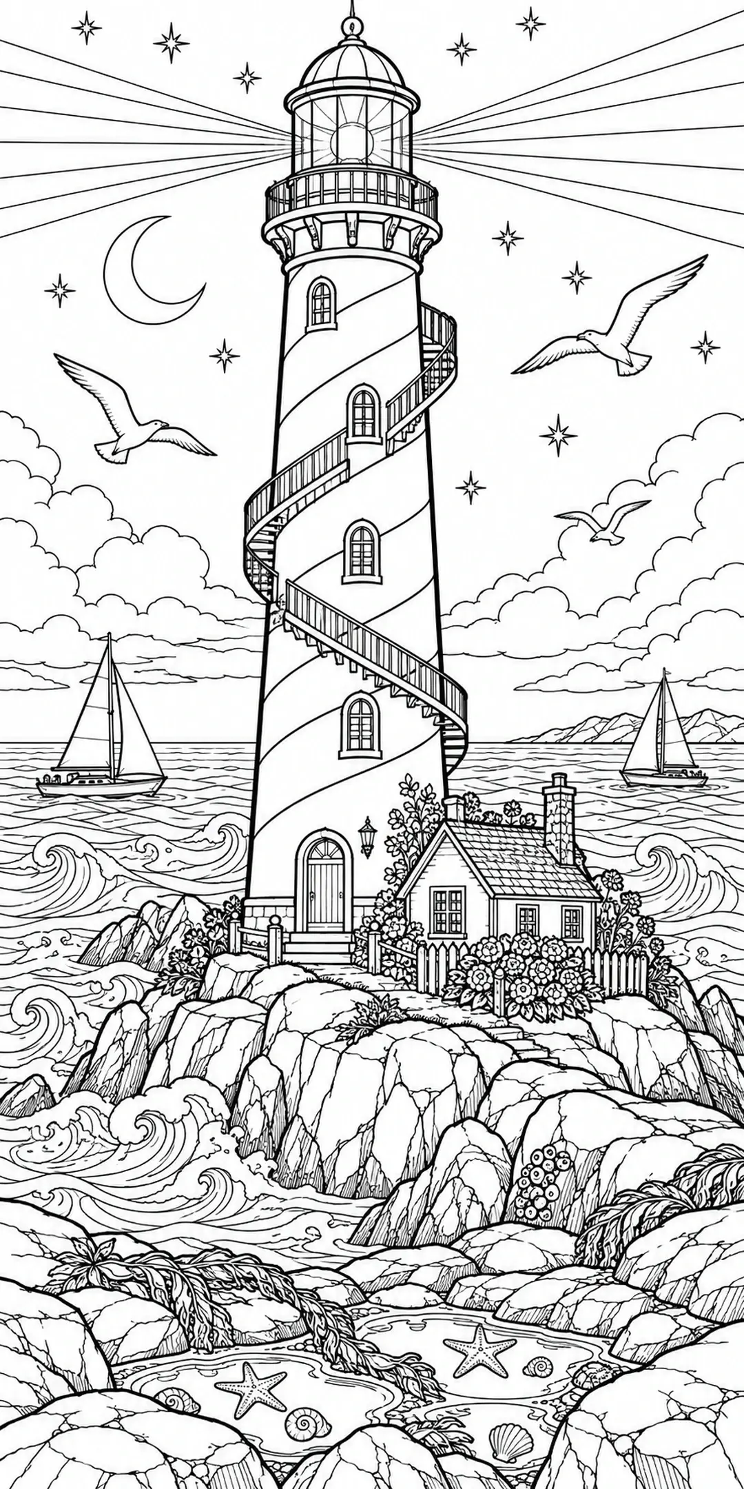 A tall spiral lighthouse stands on a rocky shore among waves, sailboats, flying birds, and a small cottage in this detailed coloring page.