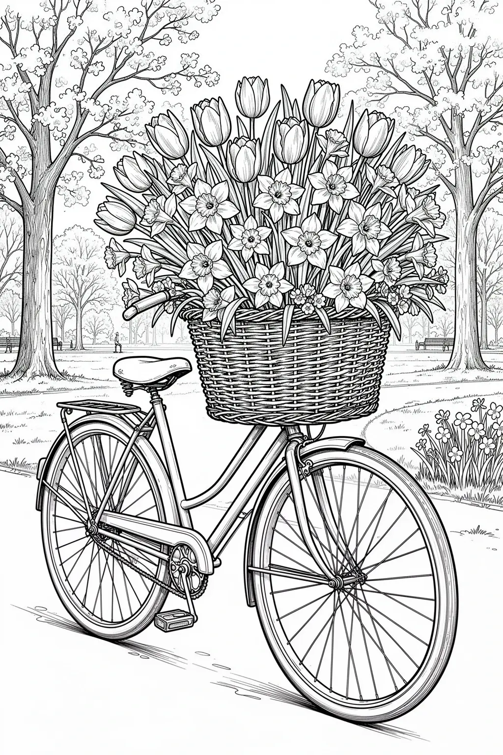 Spring bicycle with a flower basket (printable coloring page).