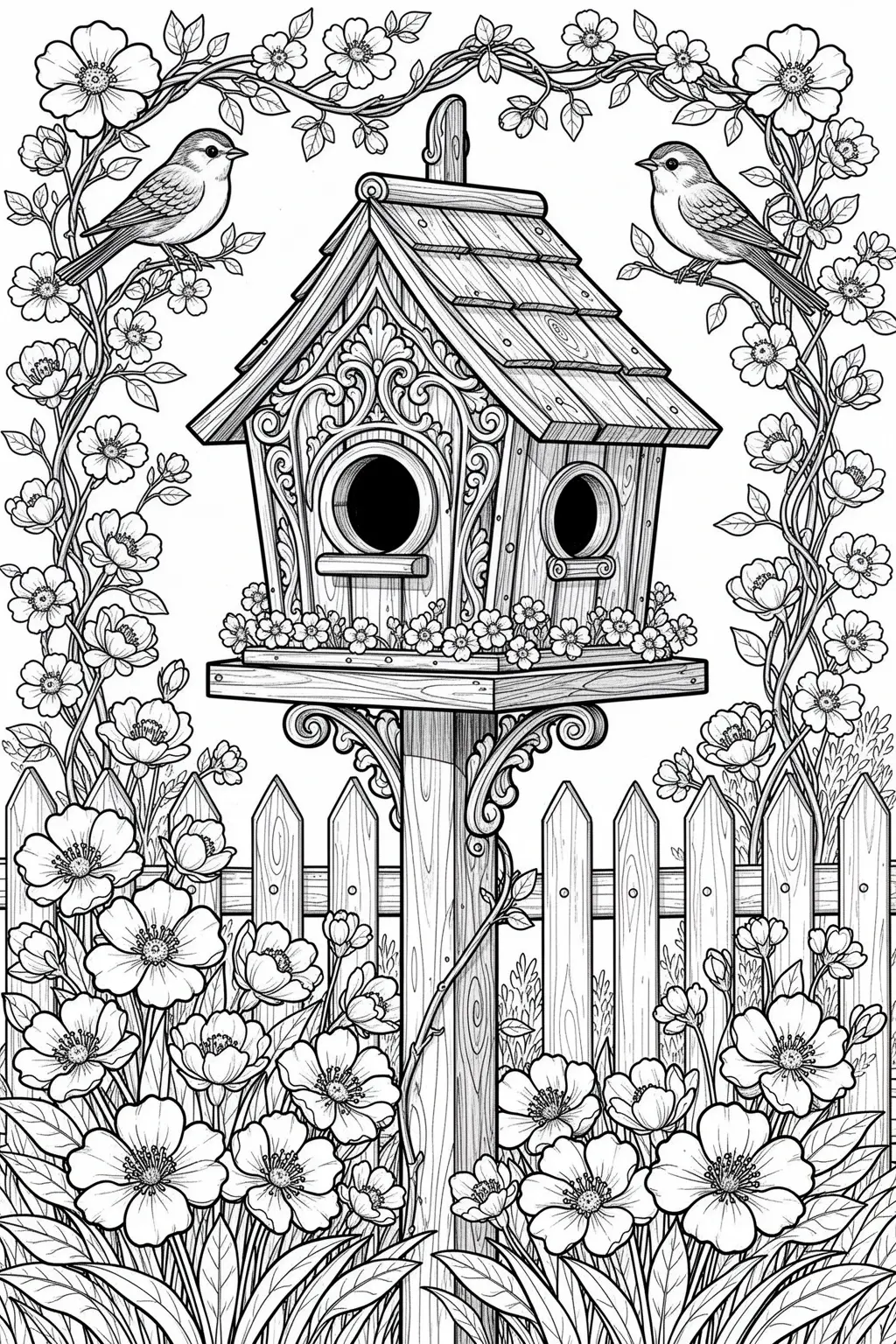Spring birdhouse garden coloring page with blooming flowers and spring charm.
