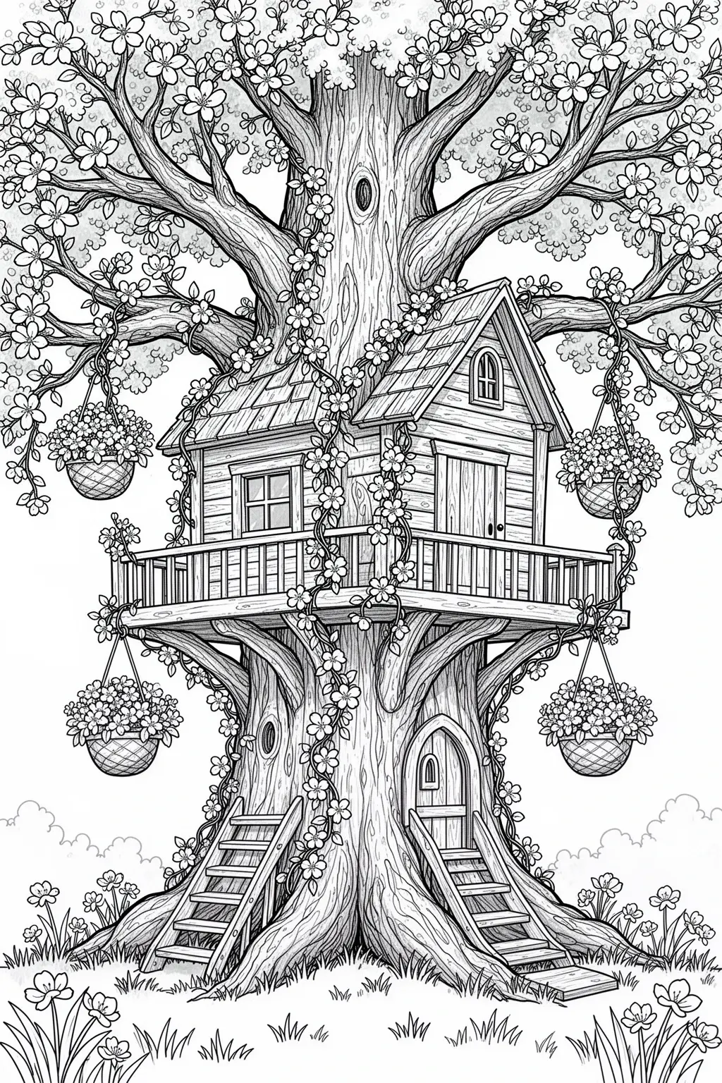 coloring page of a spring blooming treehouse with vines and flowers.