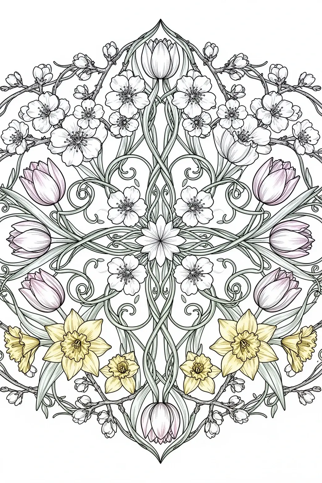 A spring botanical mandala coloring page featuring cherry blossoms, tulips, and daffodils arranged in symmetrical pattern.
