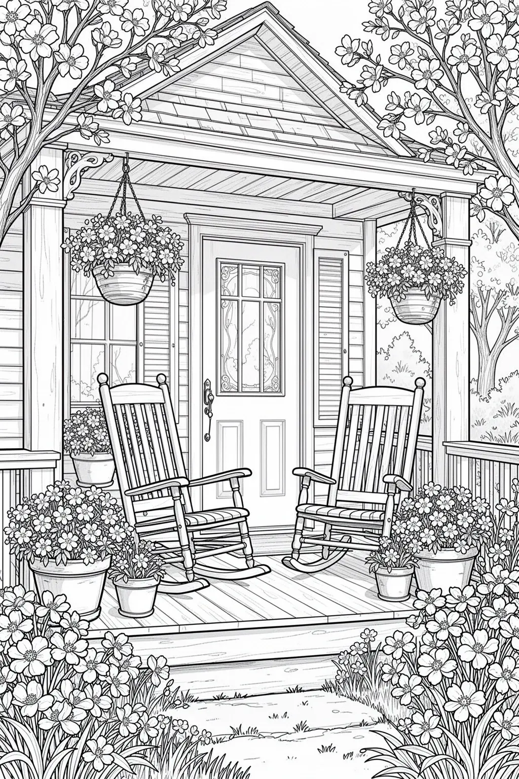Free Spring Cottage Porch coloring page.