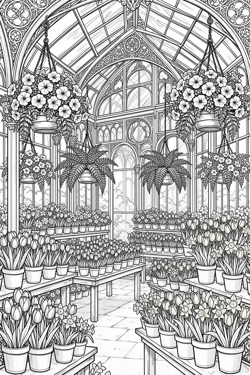 Free Spring Flower Market Greenhouse coloring page PDF.