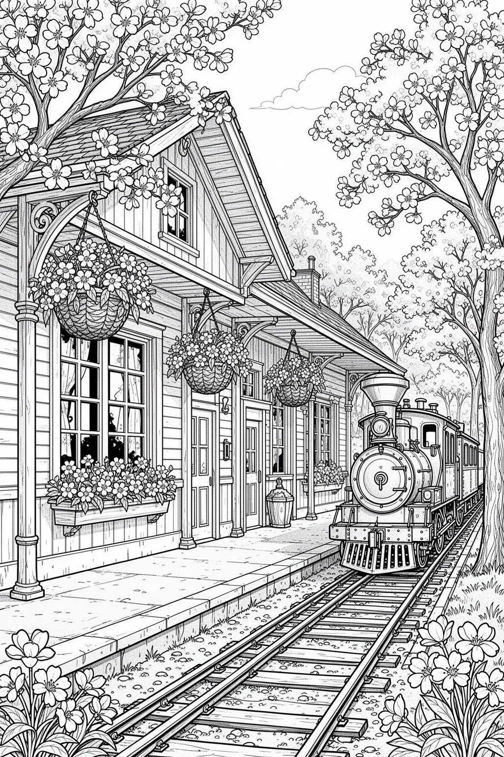 Spring flower train station coloring page.