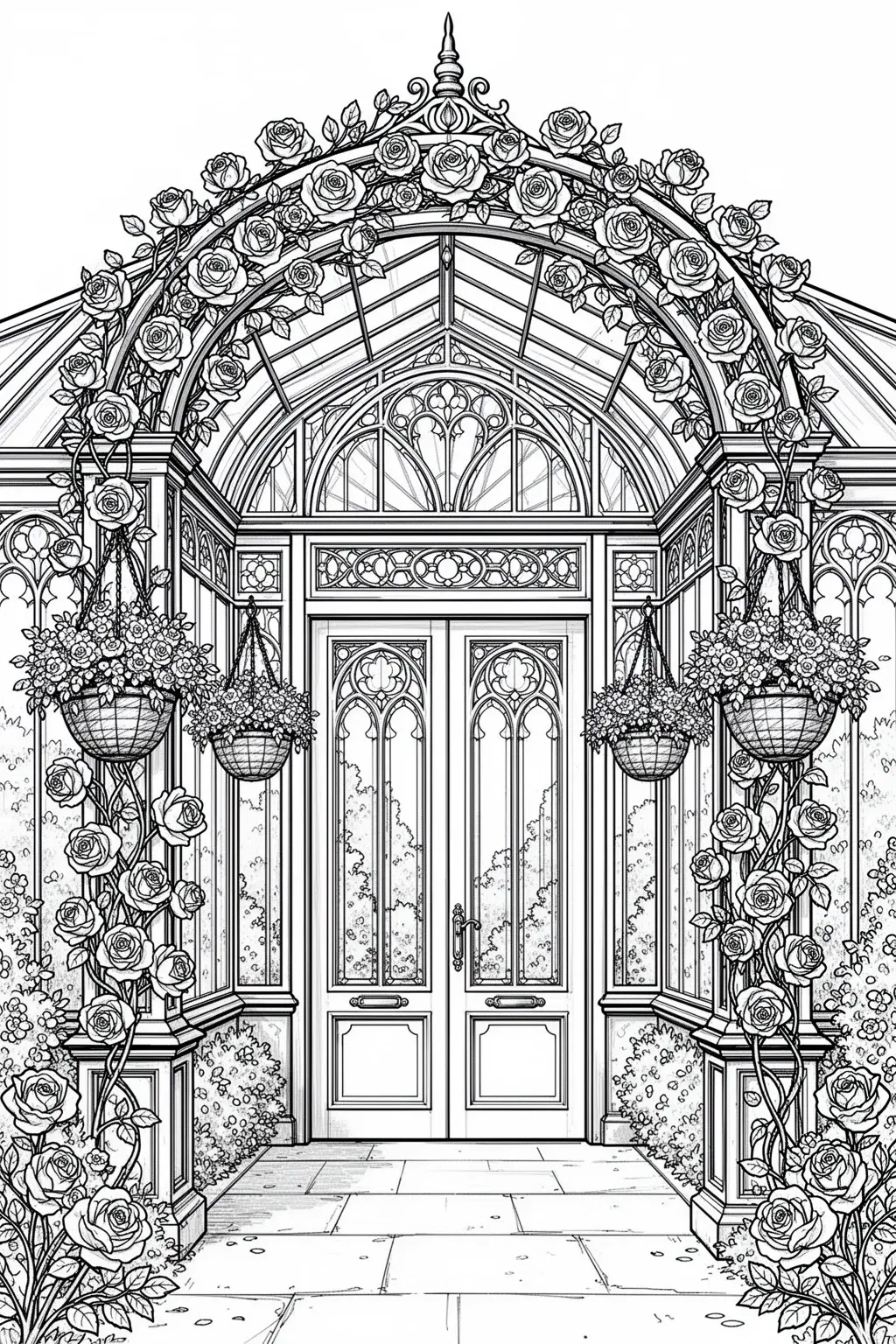 Spring greenhouse archway coloring page with flowers and glass details.