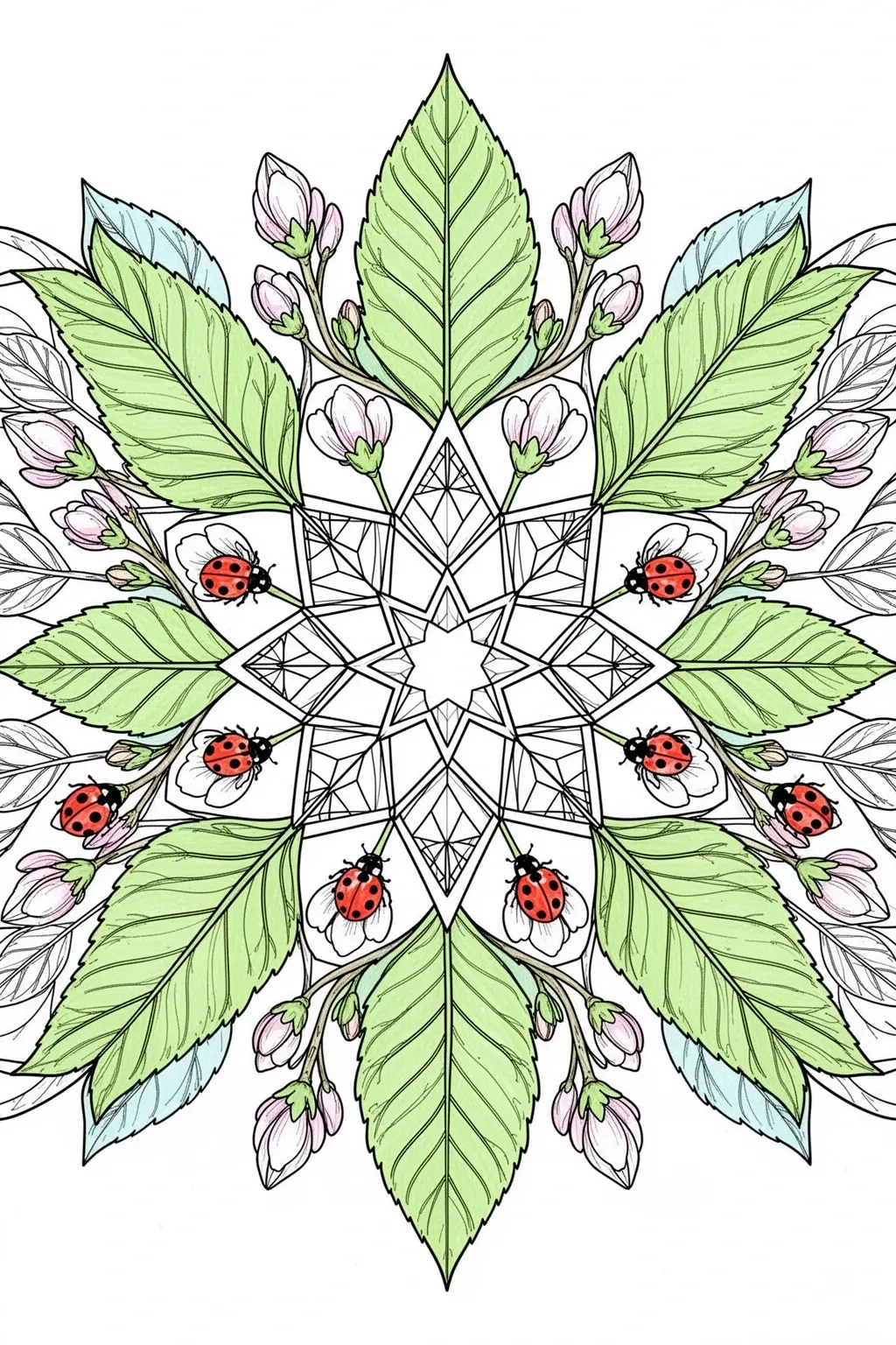 Ladybug and spring leaf mandala coloring page.