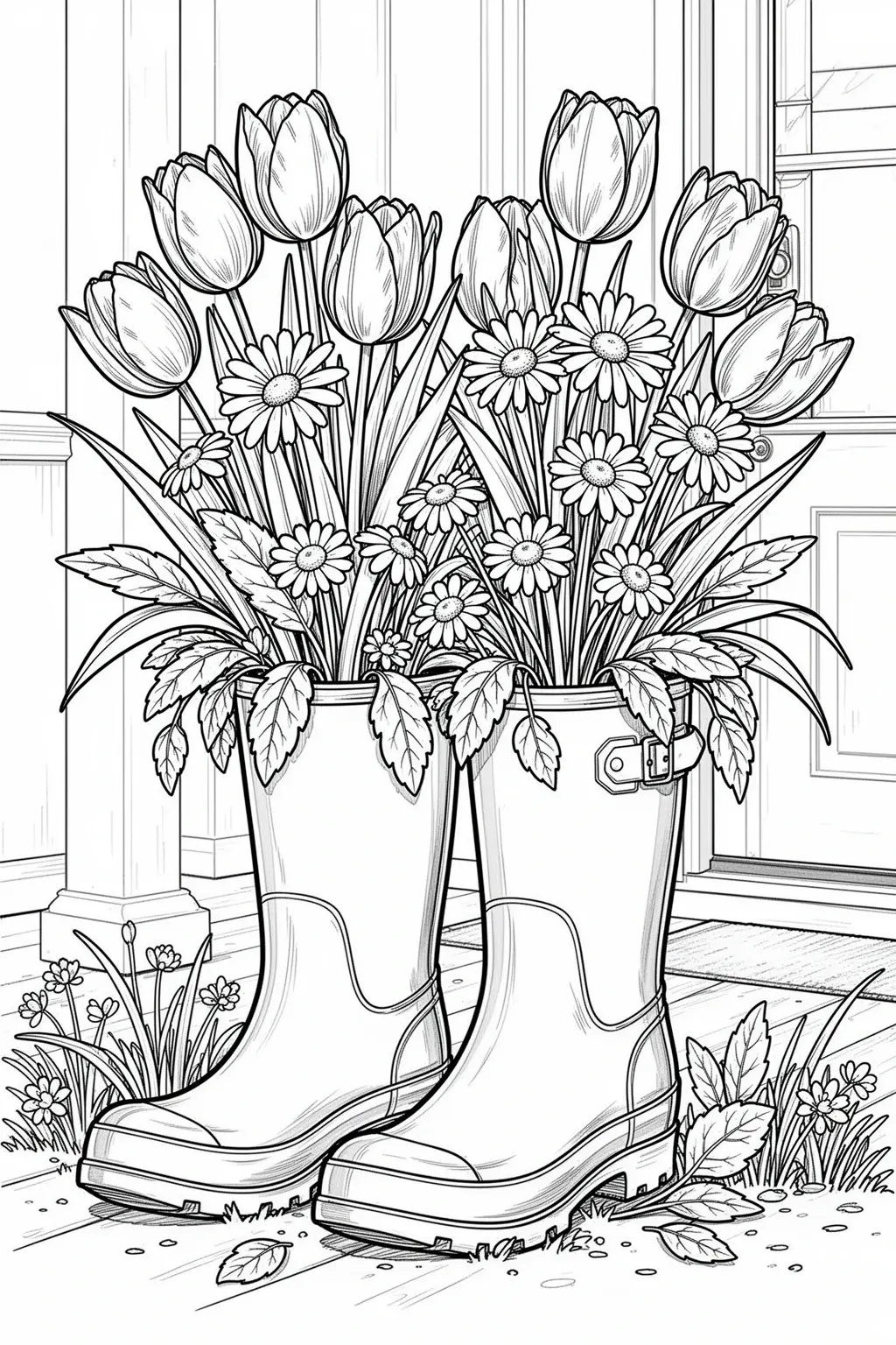 Spring rain boots holding a flower bouquet coloring page.