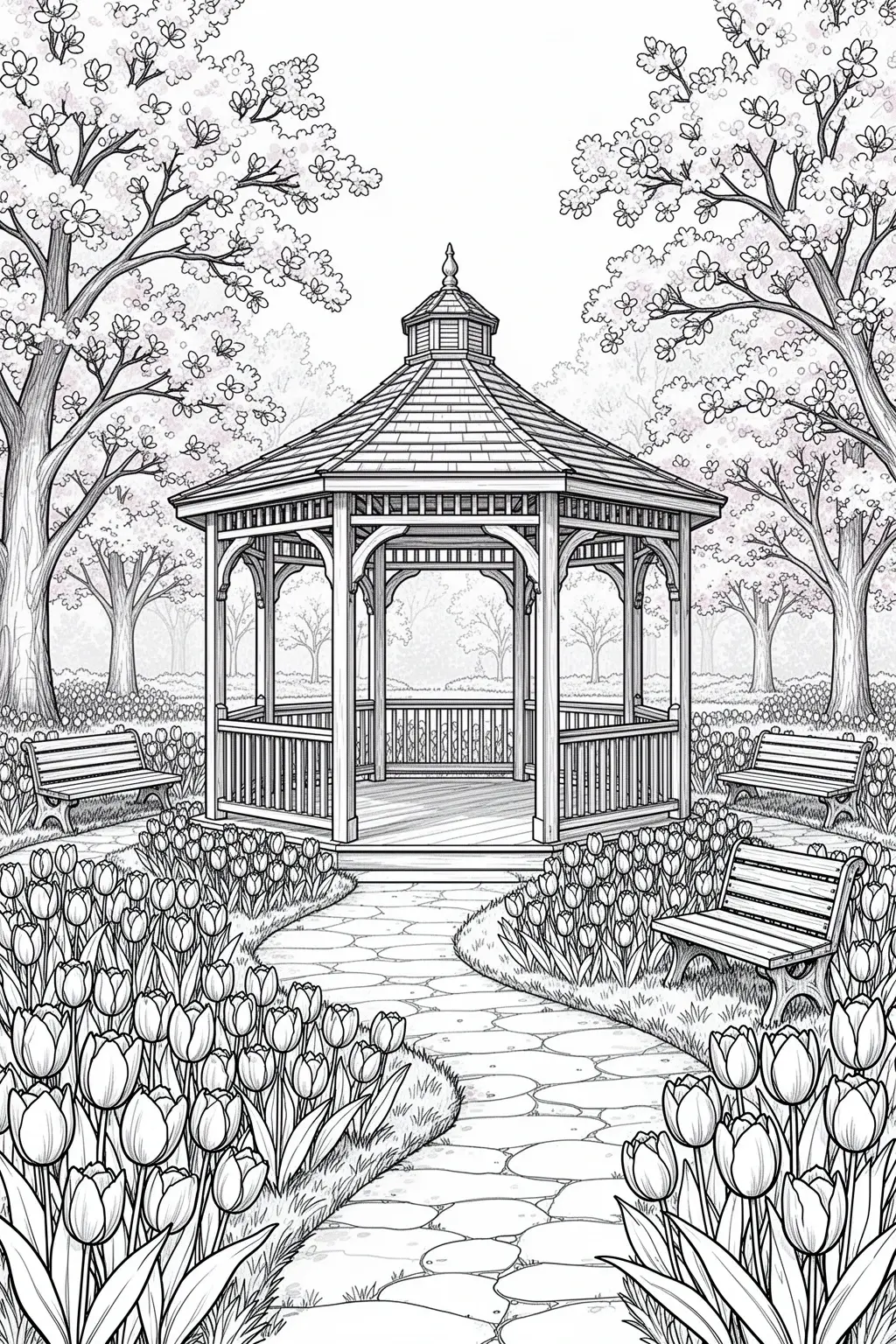 Free tulip garden gazebo coloring page.