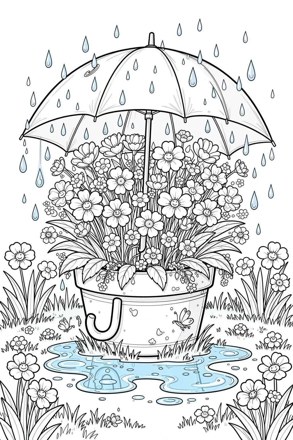 Free umbrella full of spring flowers coloring page.