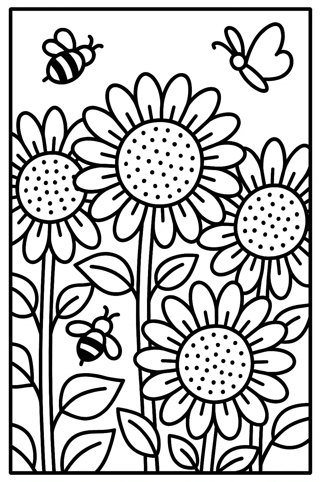 Black and white coloring page of large sunflowers with leaves, bees, and butterflies in a garden scene.