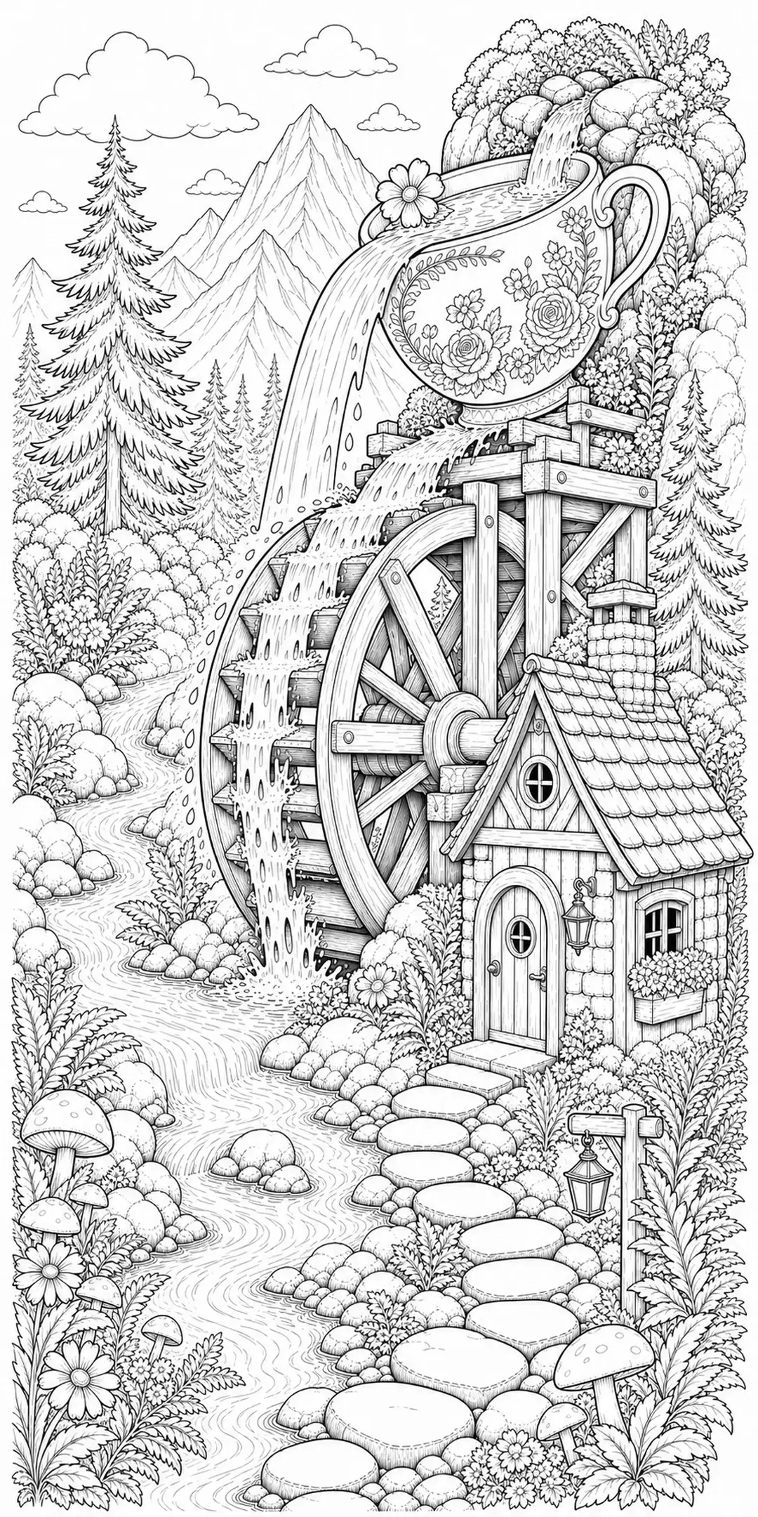 A detailed coloring page shows a teacup spilling a waterfall beside a watermill cottage, with mountains, trees, and flowers.