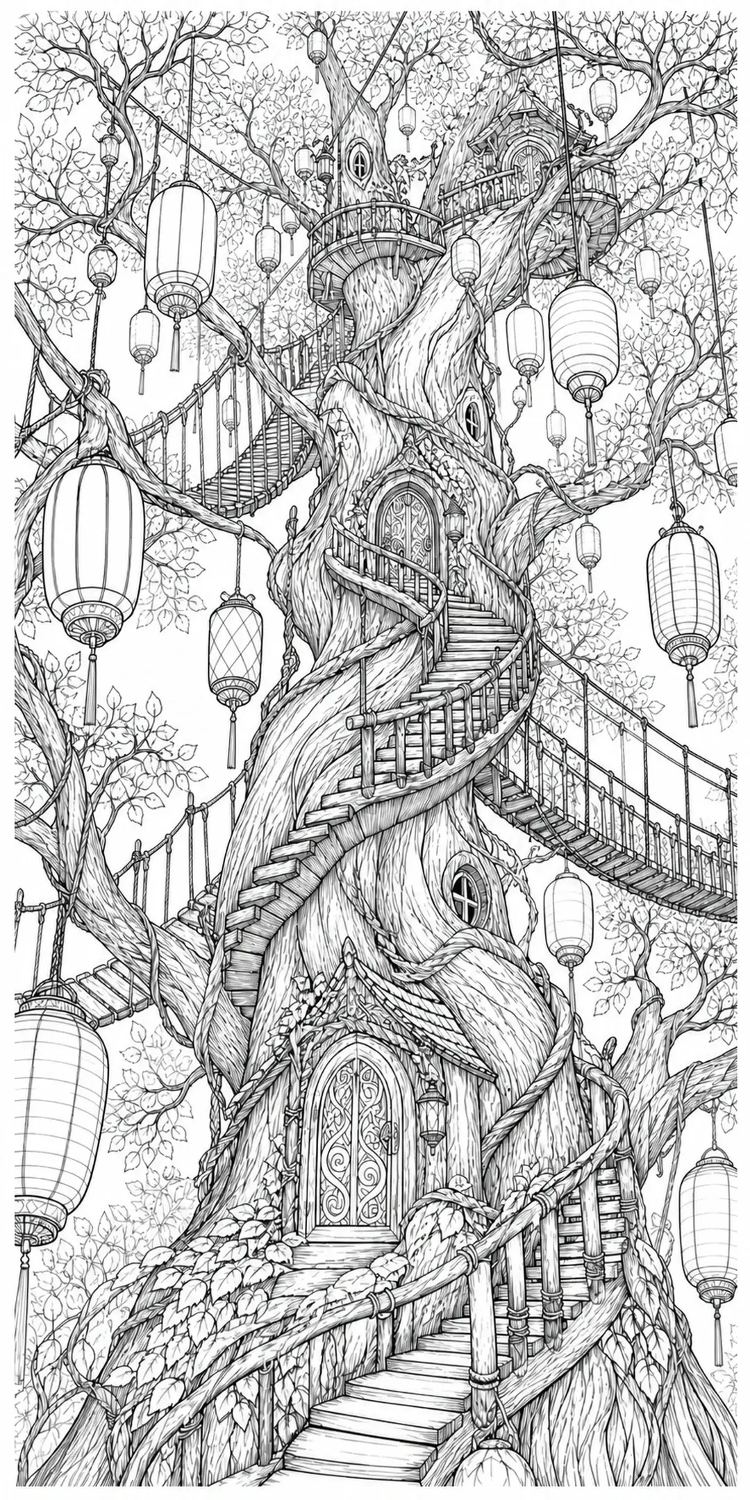 A detailed treehouse coloring page shows a giant tree with lanterns, rope bridges, and winding stairs.