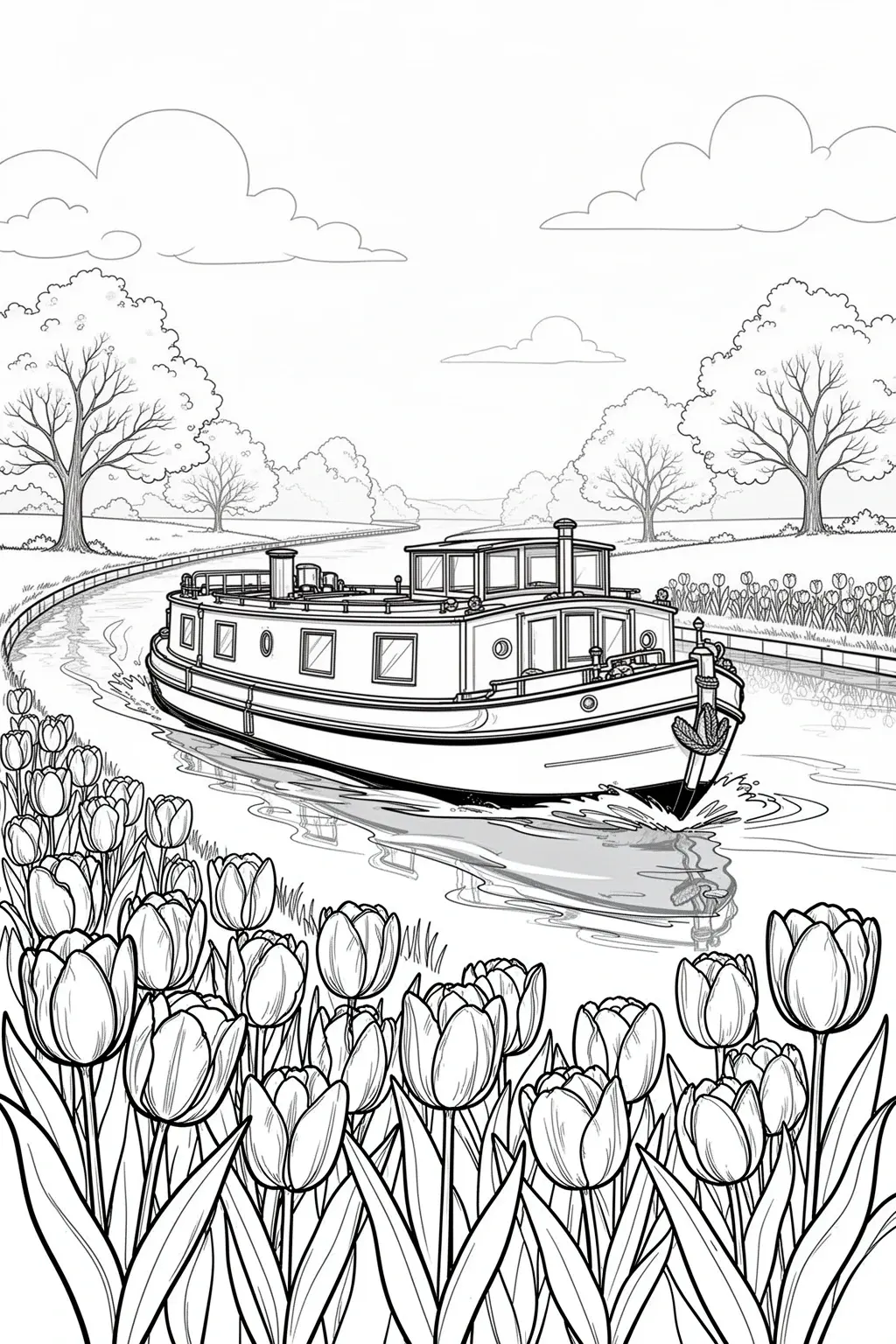 Tulip canal boat coloring page with spring blooms.
