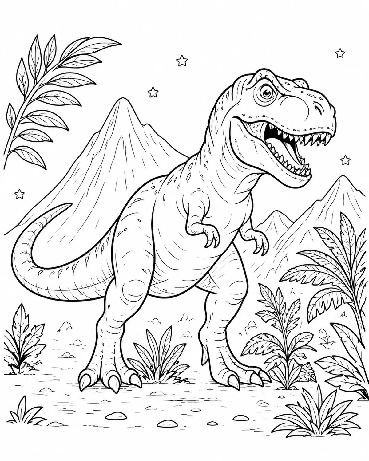 A Tyrannosaurus rex coloring page shows a roaring dinosaur standing in a prehistoric landscape with mountains, plants, and small stars.