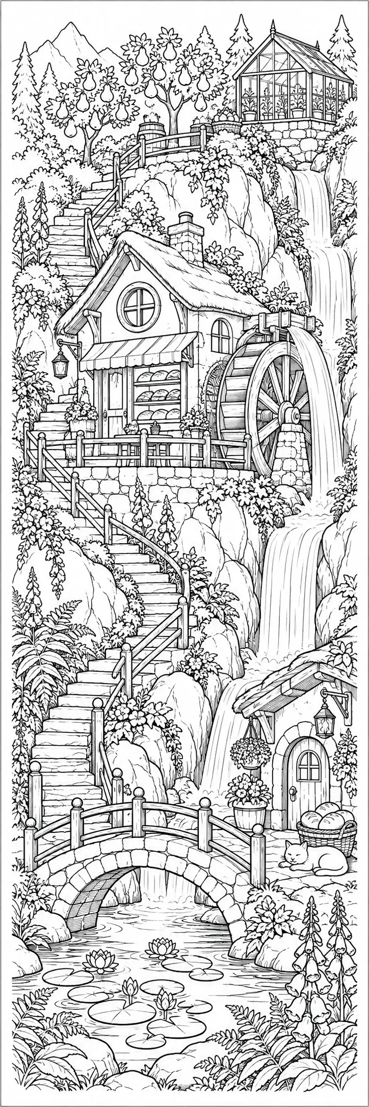 A detailed coloring page shows a garden cottage scene with waterfalls, a bridge over a pond, flowers, and a small cat.