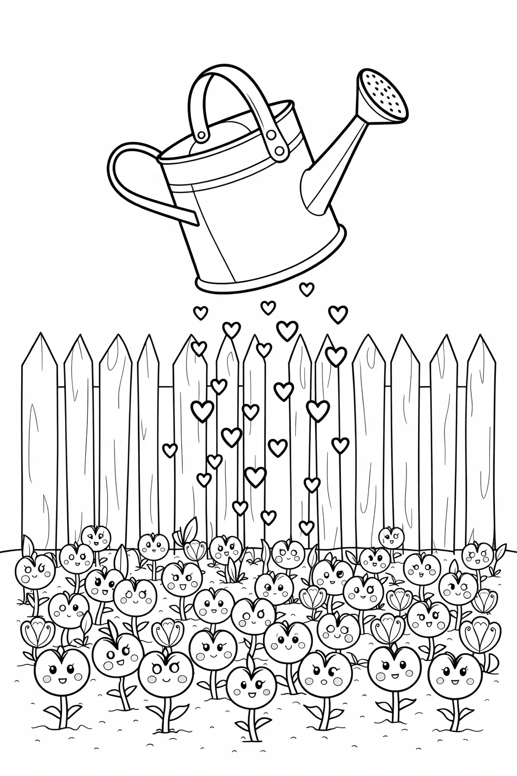 Black and white printable coloring page of a watering can watering a garden of cute smiling flowers behind a wooden fence, ideal for detailed coloring page, kids' coloring page, printable coloring