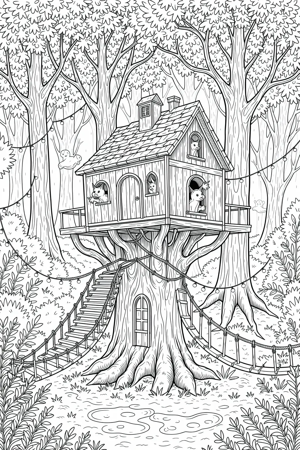 Black and white coloring page of whimsical treehouse in a forest with small animals looking out of the windows, rope bridges, and tall trees around it