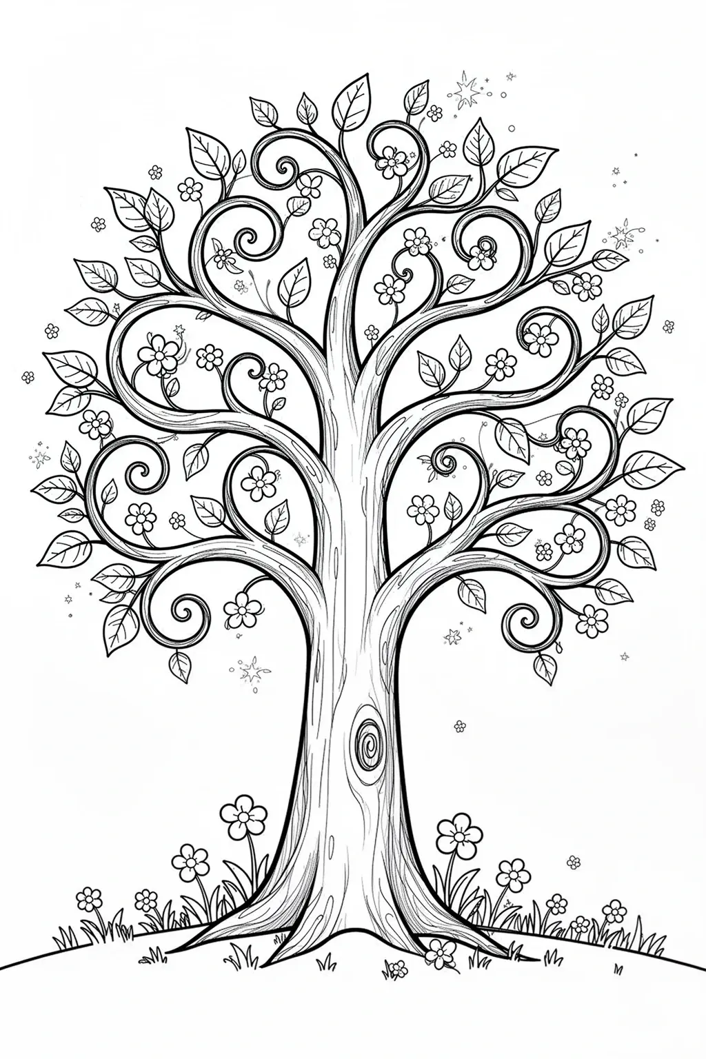 Whimsical tree coloring page with curling branches and playful leaves in a dreamy storybook woodland style.