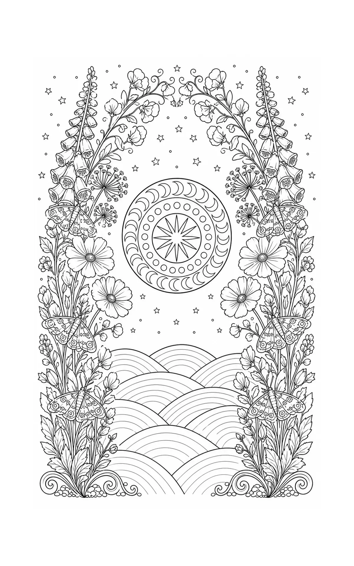 A black-and-white coloring page shows a floral arch with butterflies, stars, and a moon mandala in the center.