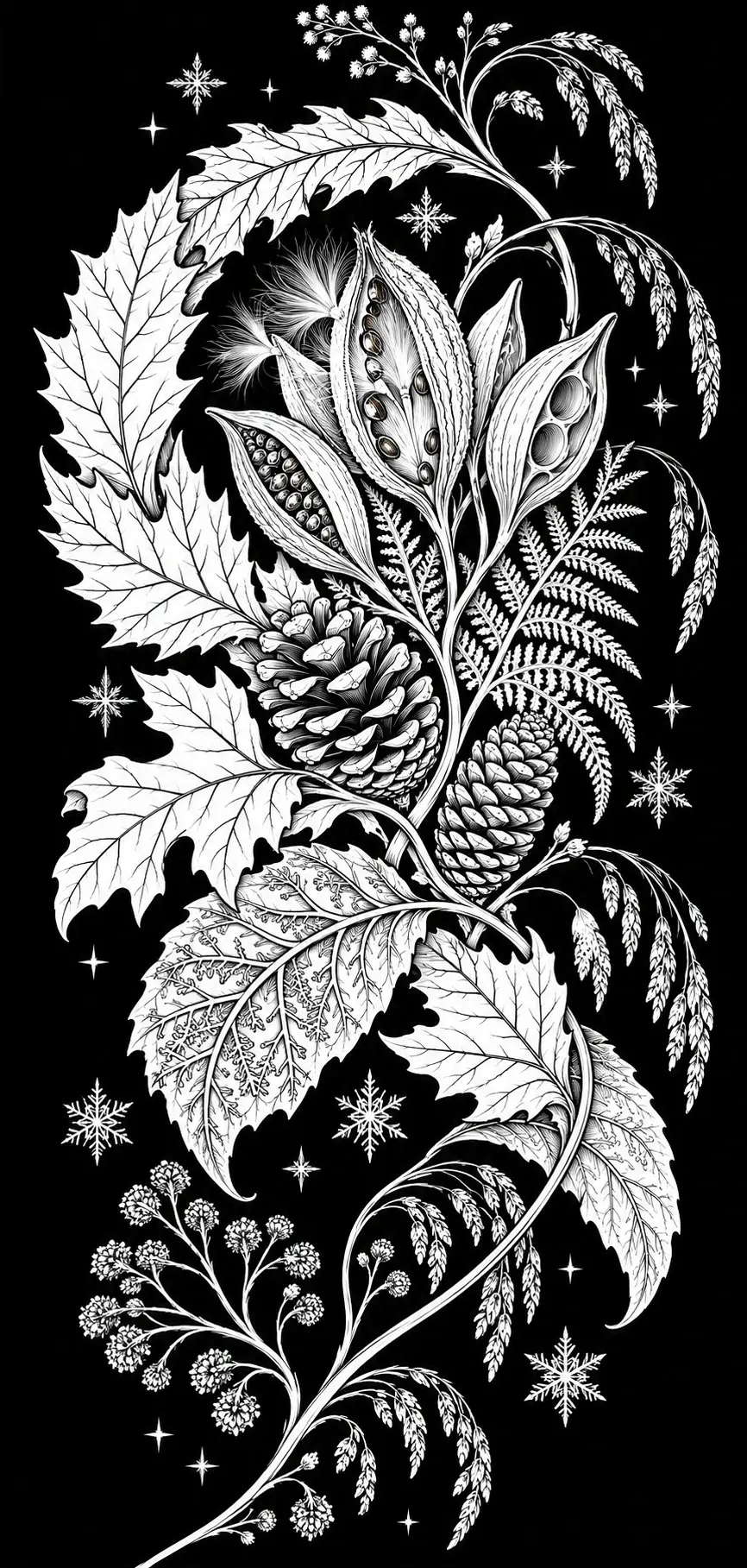A detailed botanical coloring page shows large leaves, open seed pods, pine cones, delicate flowering branches, and scattered snowflakes.