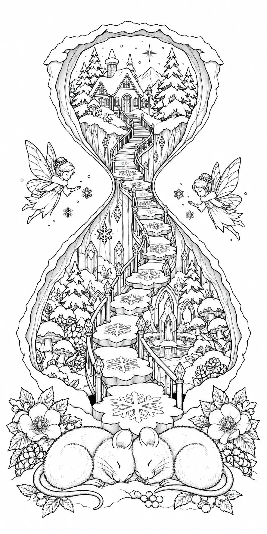 A black-and-white coloring page showing two sleeping mice beneath a winter fairy scene with snowflakes, trees, and a winding path.
