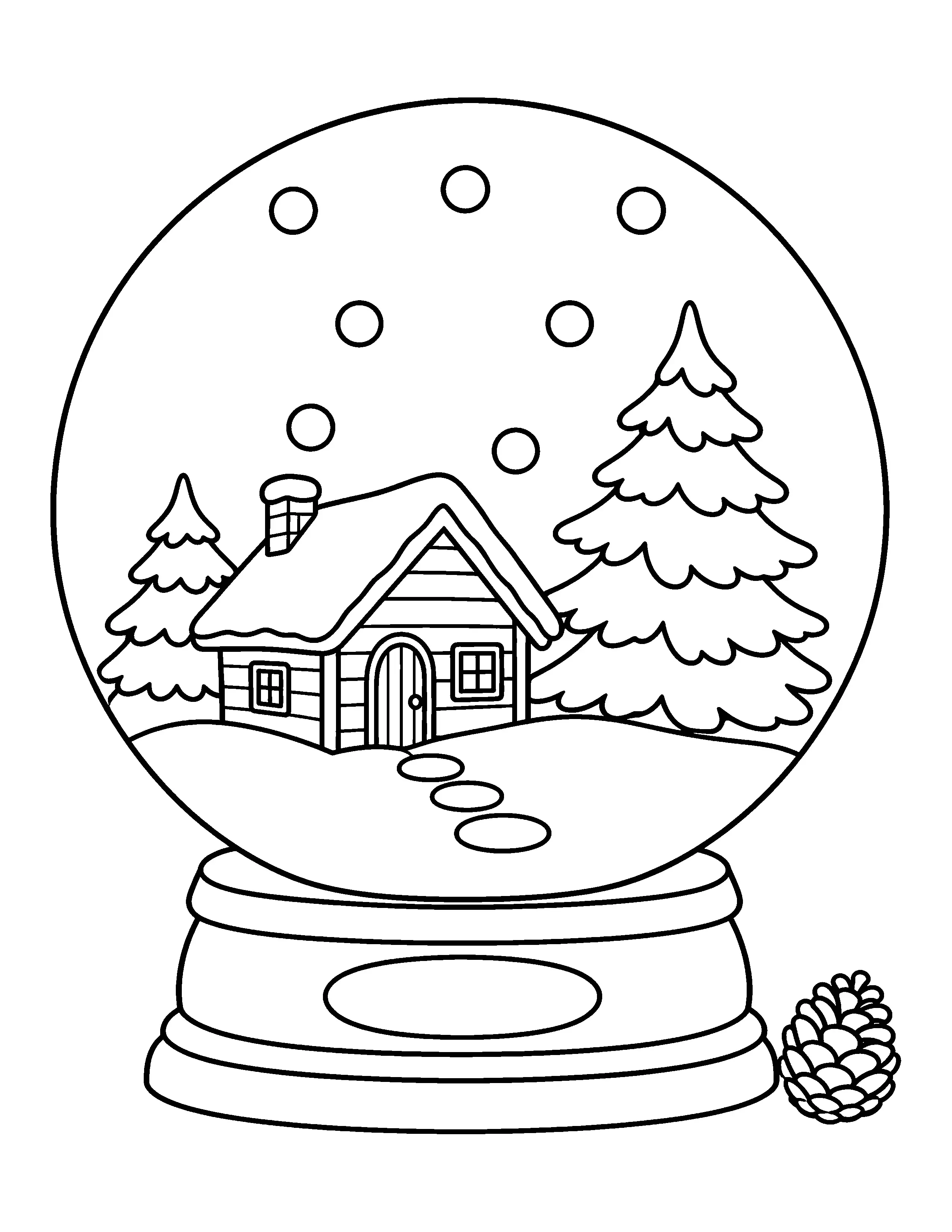 A snow globe coloring page shows a small cabin among pine trees with falling snow and a pinecone beside the base.