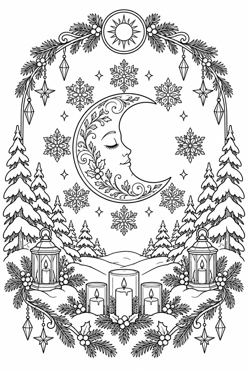 A winter solstice moon coloring page with snowflakes, candles, lanterns, pine trees, and hanging ornaments.
