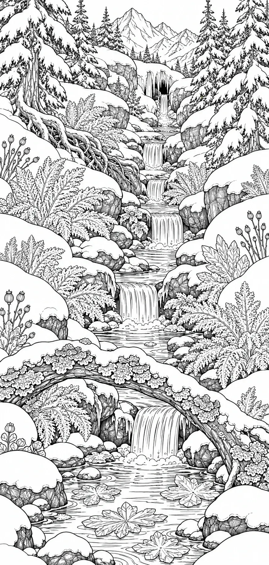 A detailed black-and-white coloring page shows several waterfalls flowing through a snow-covered forest beneath distant mountains.